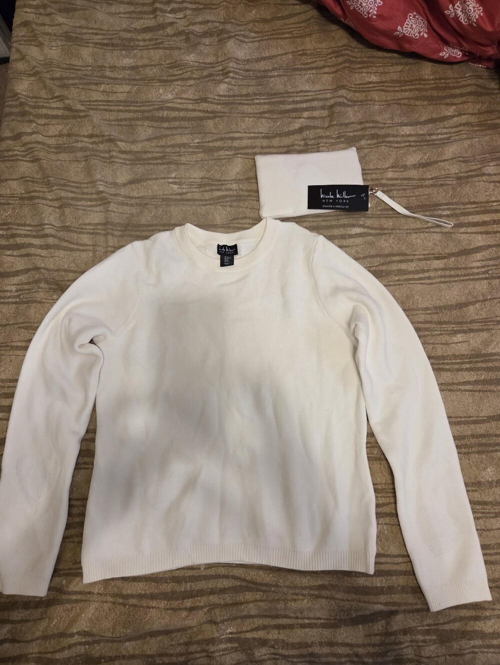 Nicole Miller White Crewneck Sweater and Wristlet.Wristlet has a Pink Spot on it